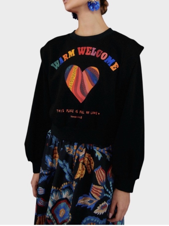 FARM Rio Tops - FARM Rio Black Cropped Warm Welcome Sweatshirt with Rainbow Heart Graphic (L)